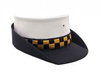 Women's White Vinyl Crossing Guard Cap w Gold/Navy Checkers