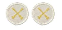 2 Crossed Bugles Metallic Gold on White 1.5" Circle, PAIR
