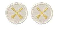 2 Crossed Bugles Metallic Gold on White 1.5" Circle, PAIR