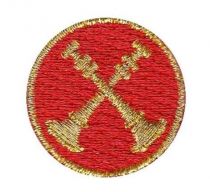 CAPT, 2 Crossed Bugle Metallic Gold on Red 1" Circle Disc, FD Collar Insignia, SOLD INDIVIDUALLY