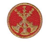 ASST. CHIEF, 3 Bugle Metallic Gold on Red 1" Circle Disc, FD Collar Insignia, SOLD INDIVIDUALLY