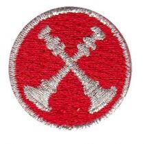 CAPT, 2 Crossed Bugle Metallic Silver on Red 1" Circle Disc, FD Collar Insignia, SOLD INDIVIDUALLY