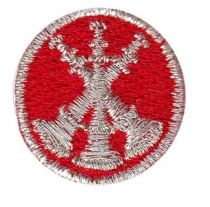 ASST. CHIEF, 3 Bugle Metallic Silver on Red 1" Circle Disc, FD Collar Insignia, SOLD INDIVIDUALLY